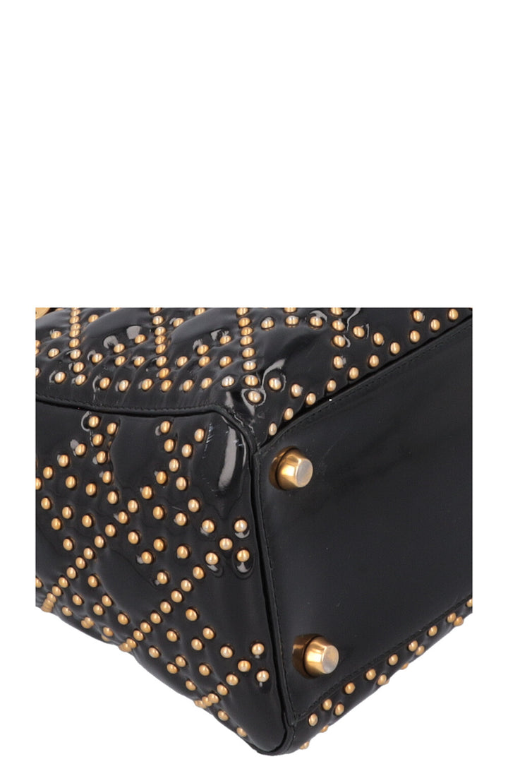CHRISTIAN DIOR Medium Lady Dior Studded Patent Black Gold