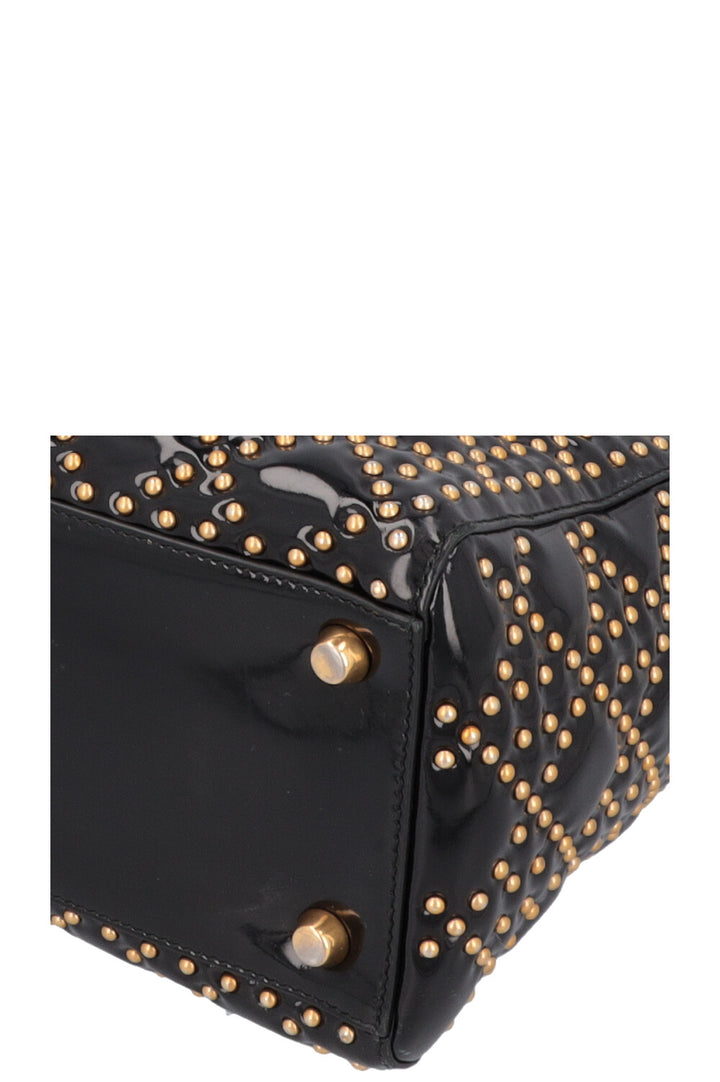 CHRISTIAN DIOR Medium Lady Dior Studded Patent Black Gold