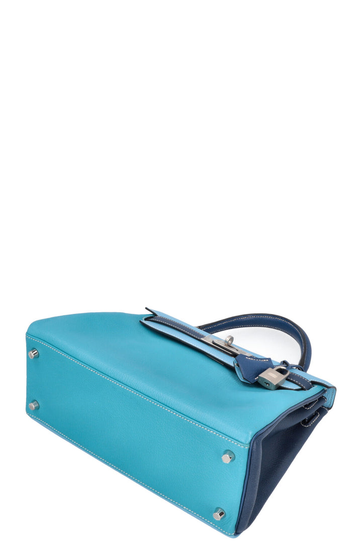 HERMÈS Kelly 28 Chevre HSS Brushed Palladium Bleu Tricolor