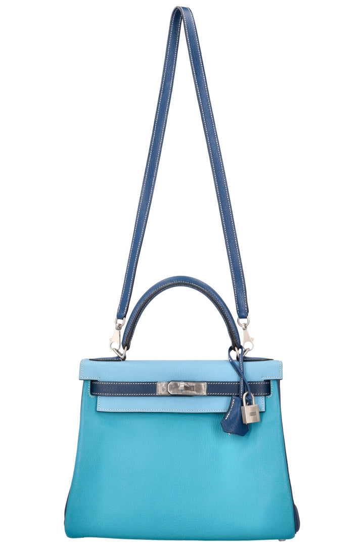 HERMÈS Kelly 28 Chevre HSS Brushed Palladium Bleu Tricolor