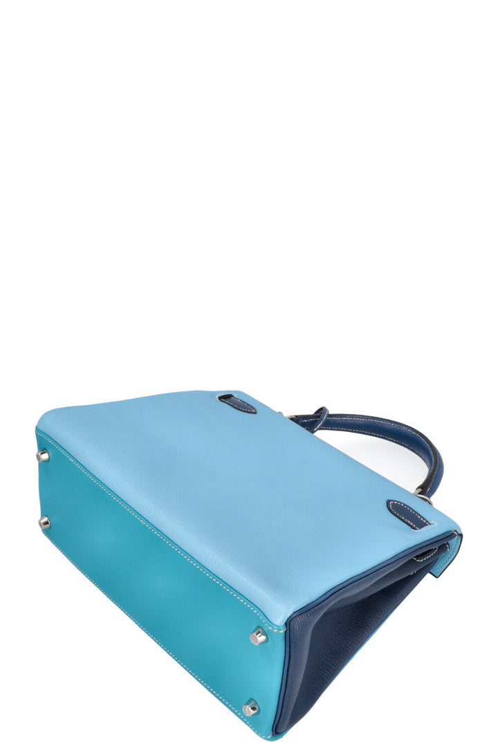 HERMÈS Kelly 28 Chevre HSS Brushed Palladium Bleu Tricolor