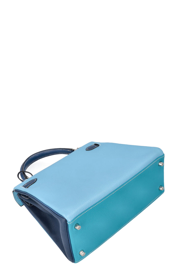 HERMÈS Kelly 28 Chevre HSS Brushed Palladium Bleu Tricolor