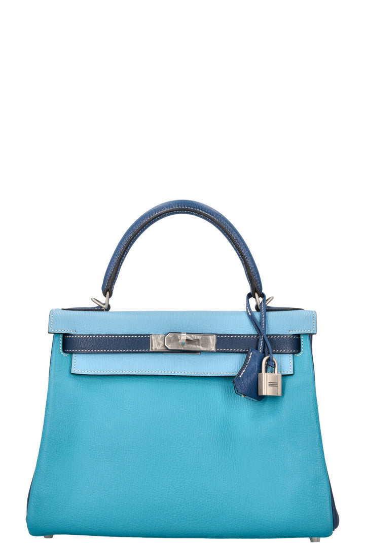 HERMÈS Kelly 28 Chevre HSS Brushed Palladium Bleu Tricolor