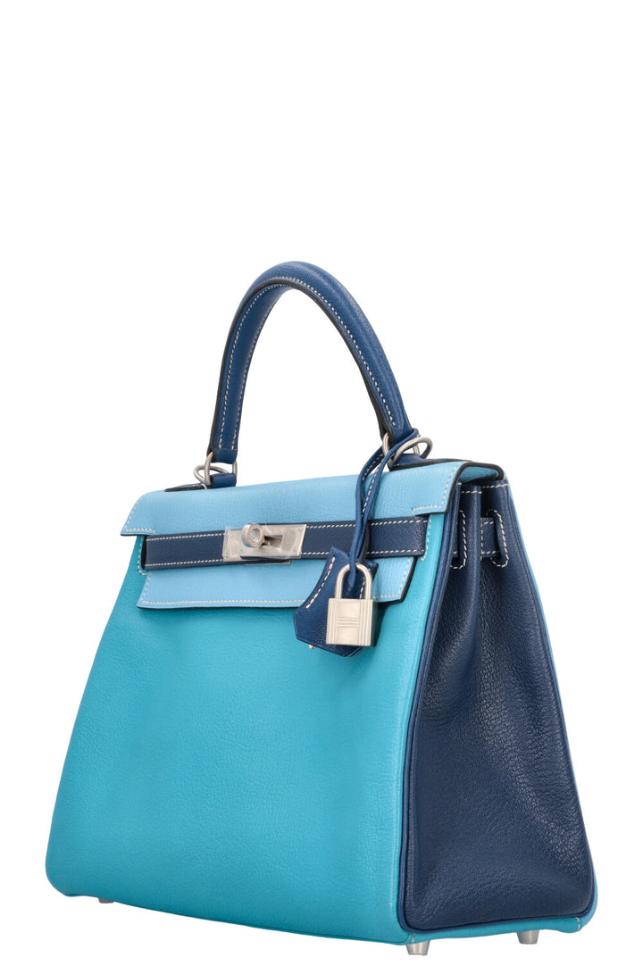 HERMÈS Kelly 28 Chevre HSS Brushed Palladium Bleu Tricolor