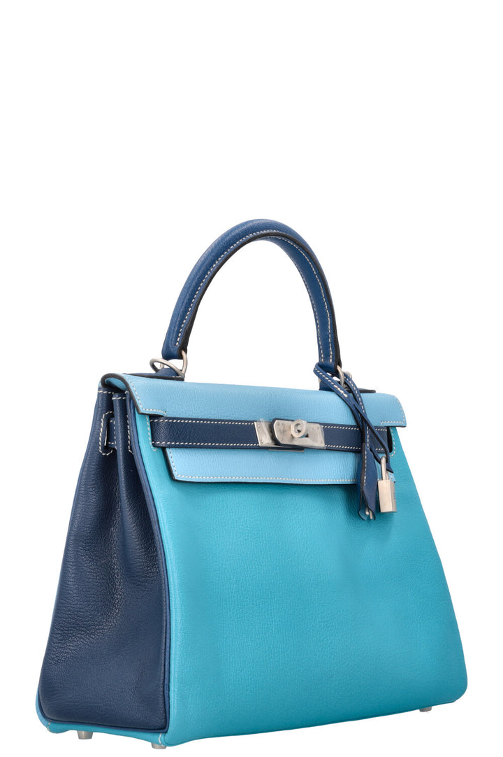 HERMÈS Kelly 28 Chevre HSS Brushed Palladium Bleu Tricolor