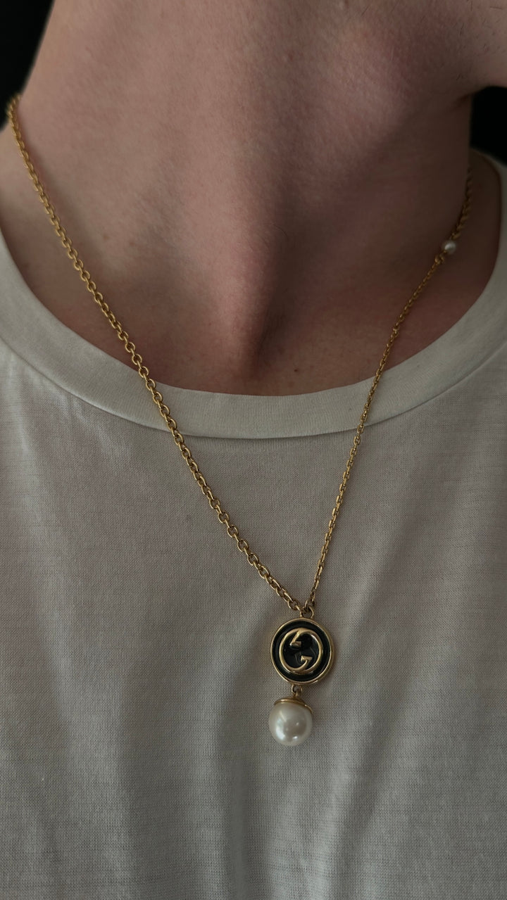 GUCCI GG Pearl Necklace Gold Black