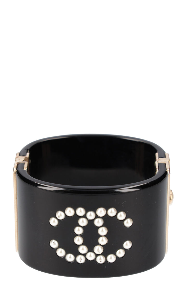 CHANEL Faux Pearl CC Resin Cuff Black