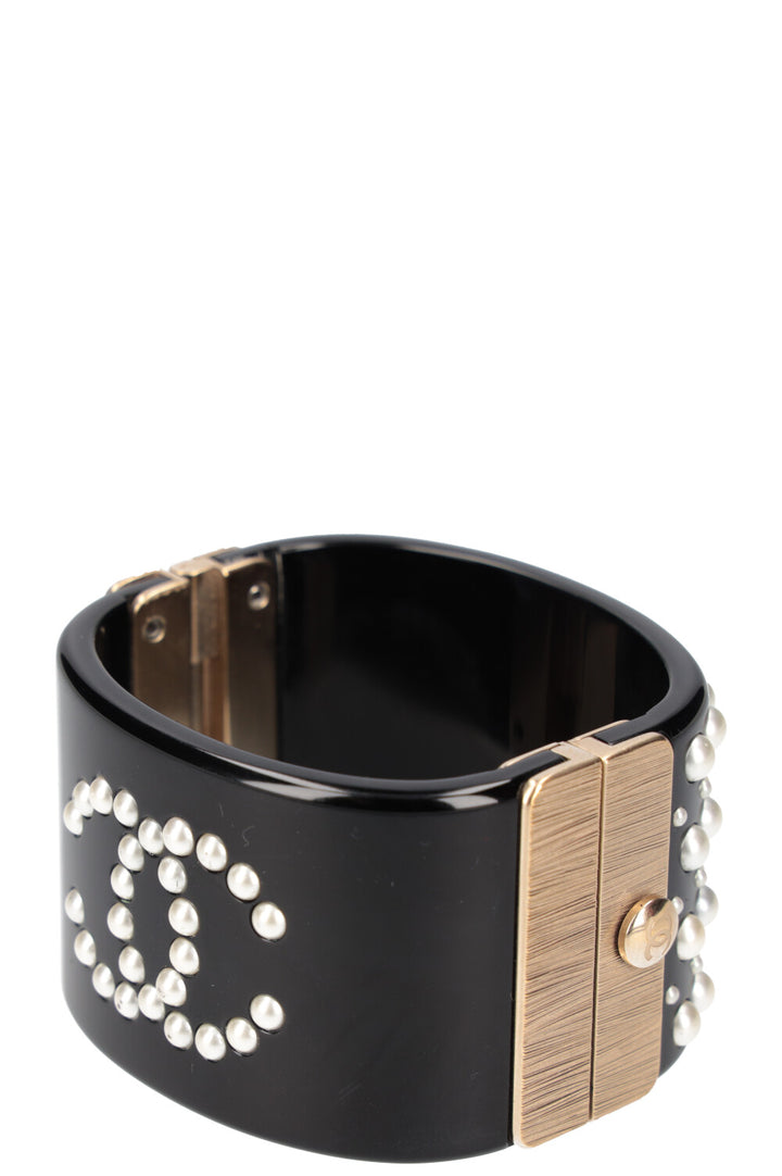 CHANEL Faux Pearl CC Resin Cuff Black