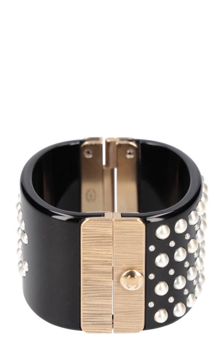 CHANEL Faux Pearl CC Resin Cuff Black