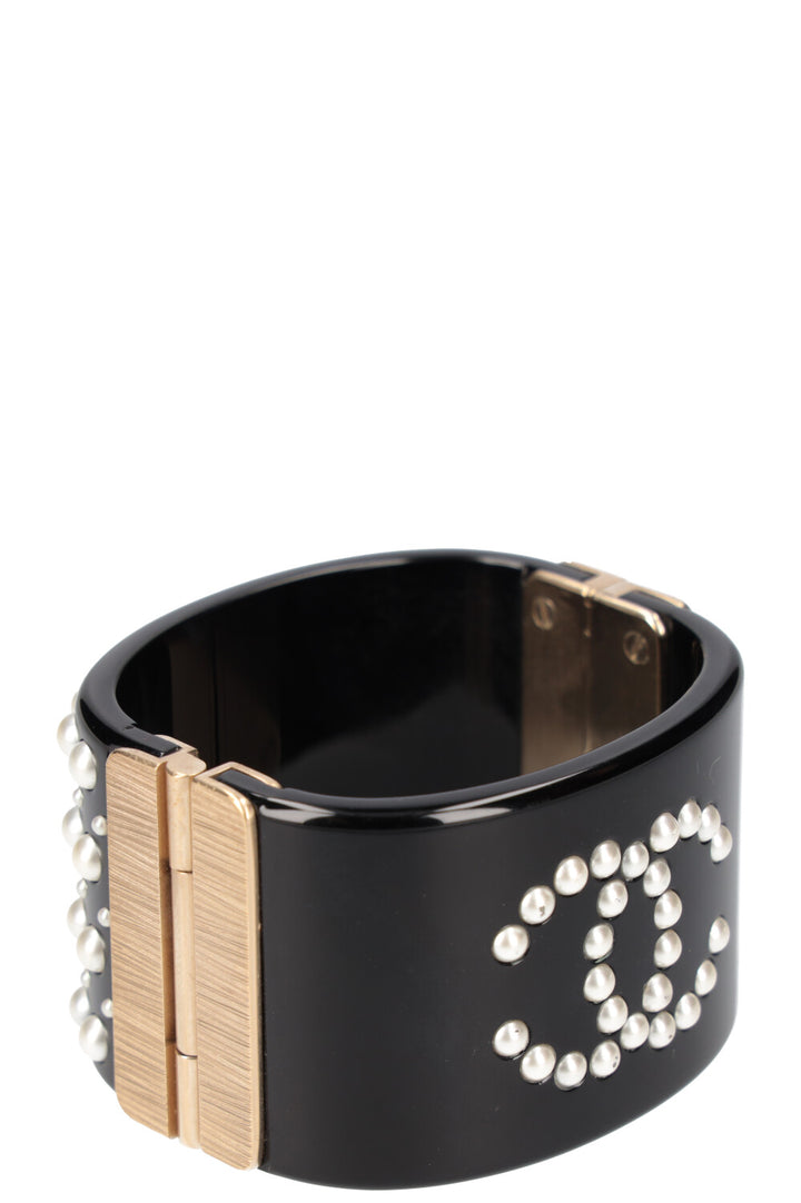 CHANEL Faux Pearl CC Resin Cuff Black