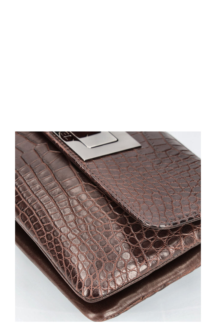 CHANEL Mademoiselle Turnlock Flap Bag Croco Embossed Brown