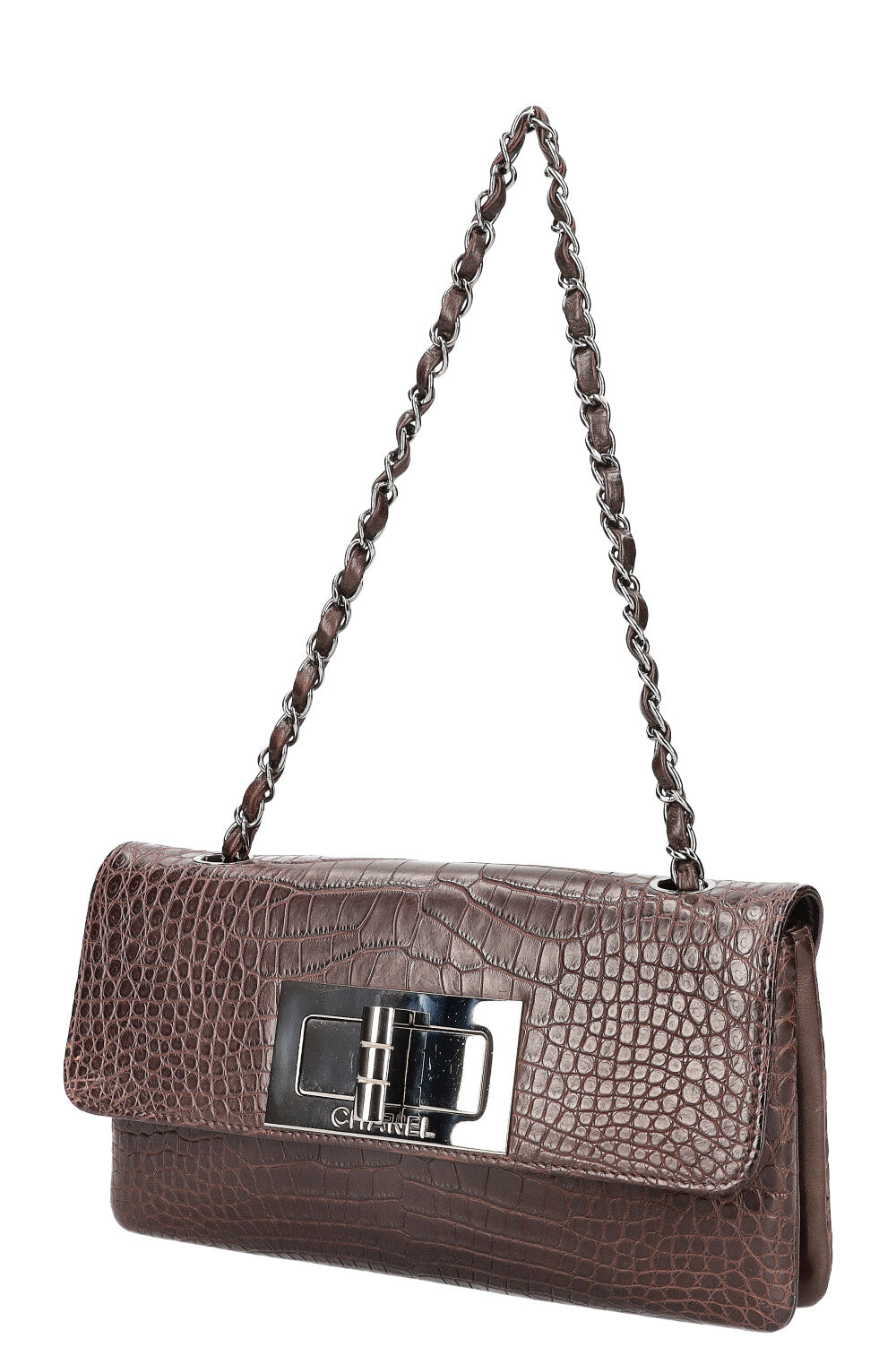 CHANEL Mademoiselle Turnlock Flap Bag Croco Embossed Brown