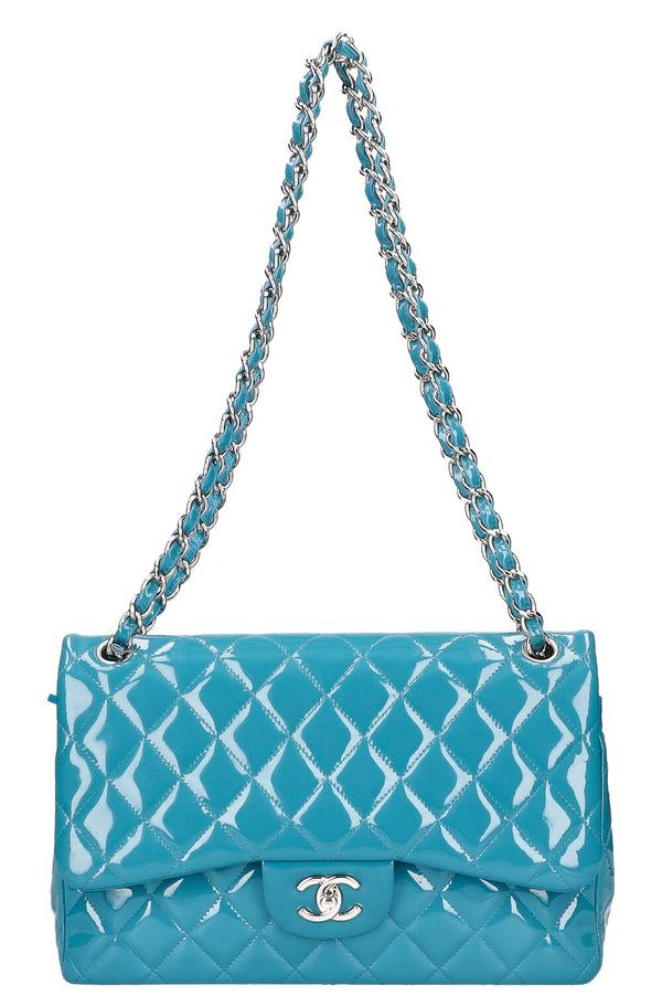 CHANEL Double Flap Bag Large Patent Leather Bright Blue