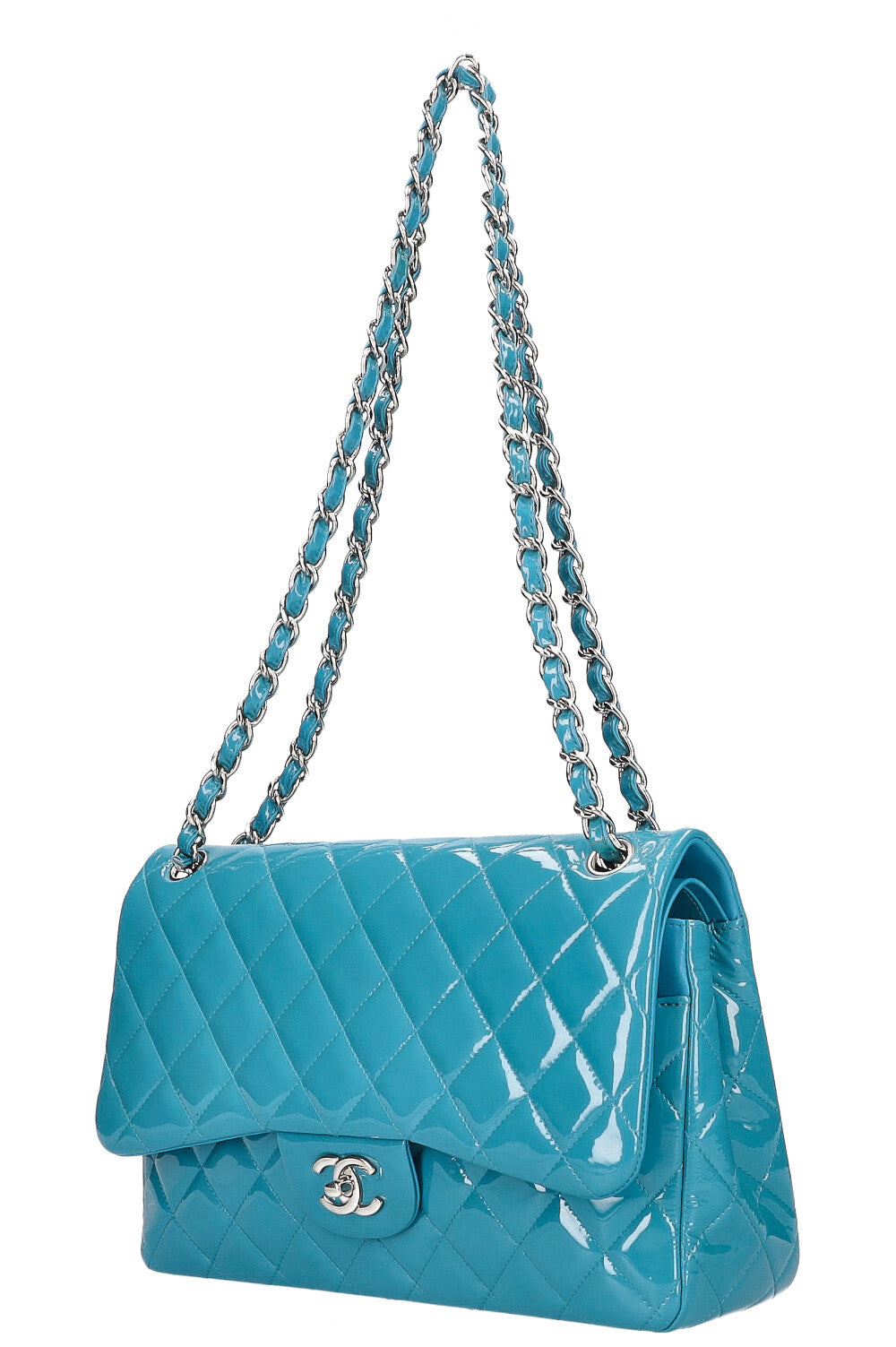 CHANEL Double Flap Bag Large Patent Leather Bright Blue