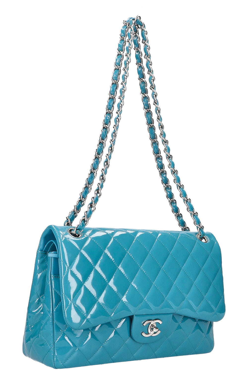 CHANEL Double Flap Bag Large Patent Leather Bright Blue