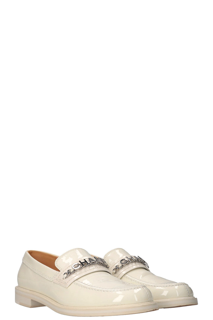 CHANEL Logo Patent Flats White