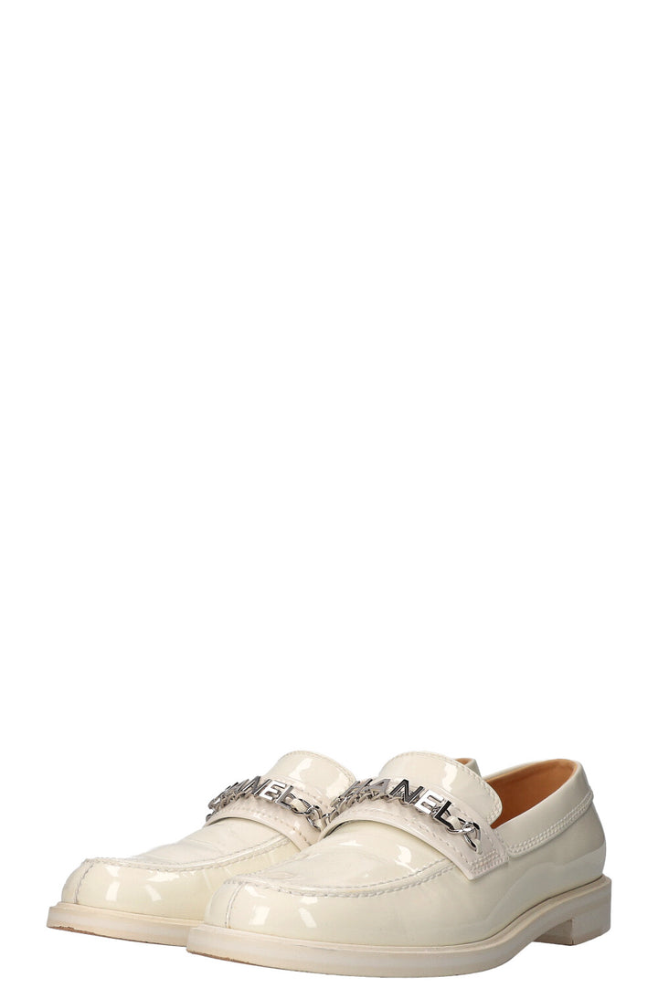 CHANEL Logo Patent Flats White