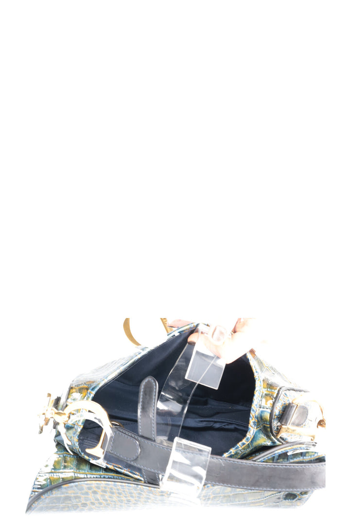 CHRISTIAN DIOR Sac Saddle Croc Embossé Émeraude