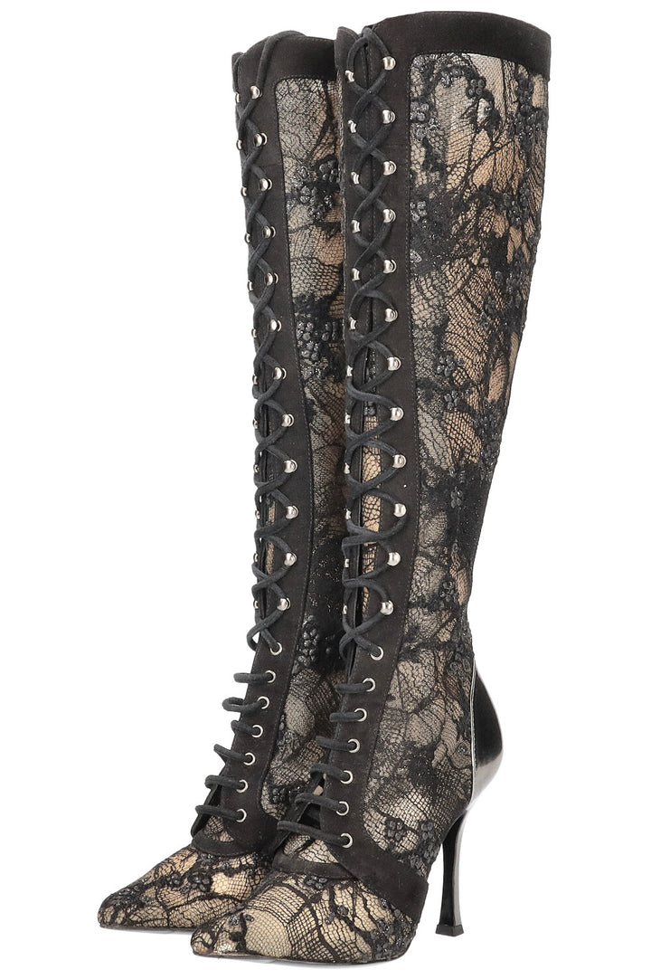 SERGIO ROSSI Lace & Crystal Boots Black