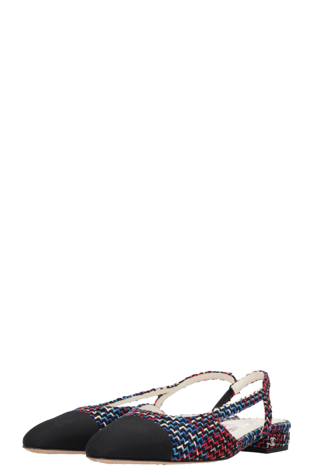 CHANEL Slingback Flats Tweed Blue Red Black