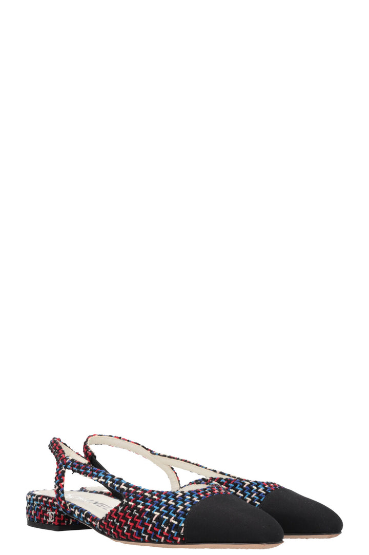 CHANEL Slingback Flats Tweed Blue Red Black