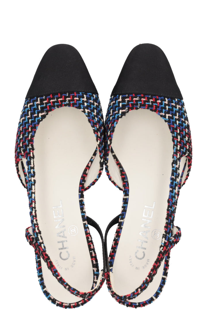 CHANEL Slingback Flats Tweed Blue Red Black