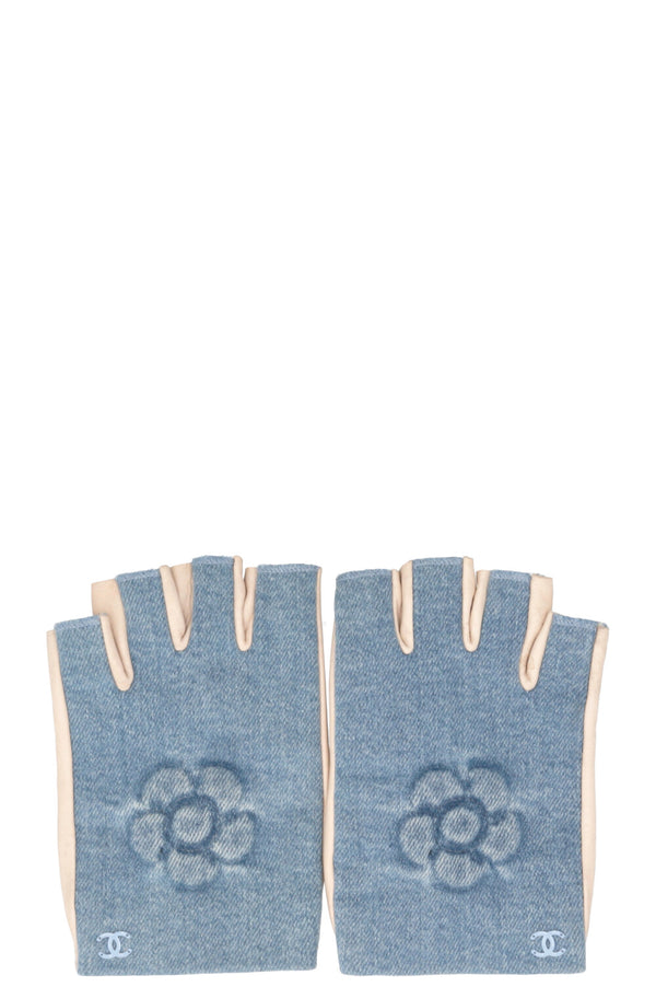 Gants courts CHANEL Camélia en denim blanc