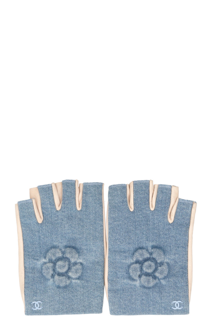 Gants courts CHANEL Camélia en denim blanc