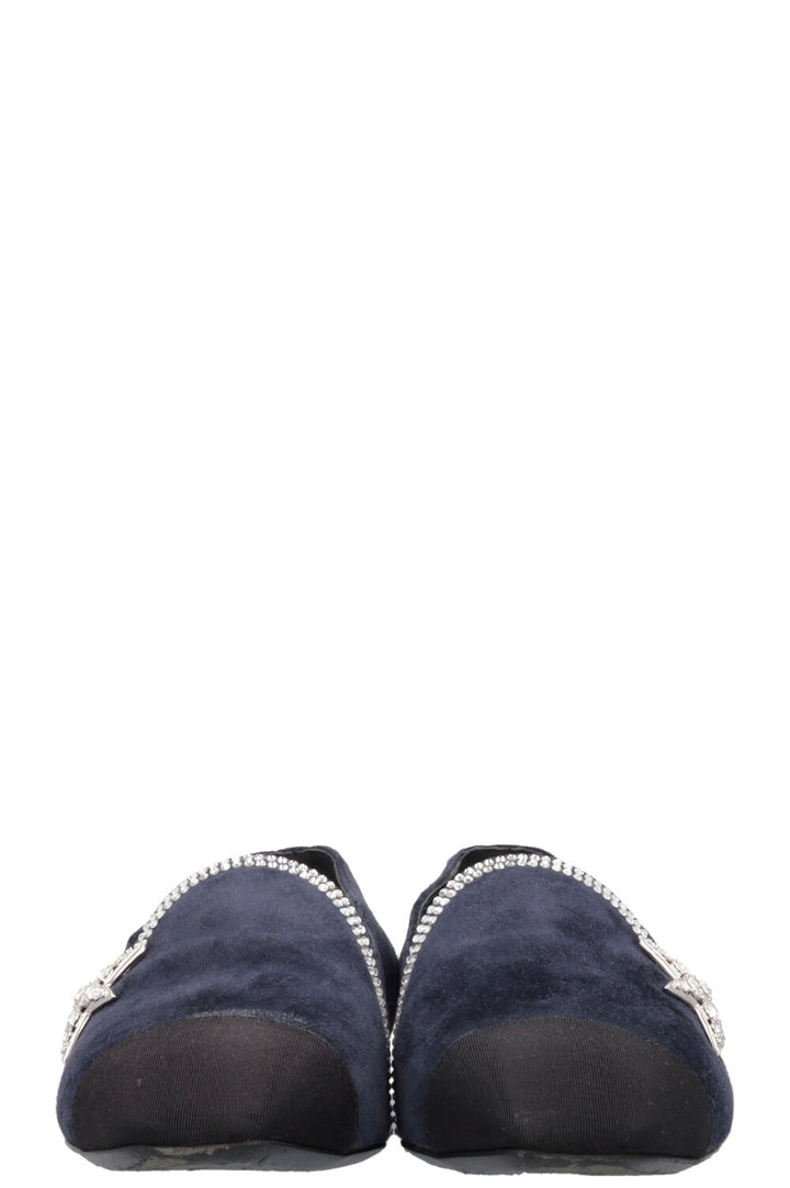CHANEL Star Crystal Flats Suede Navy