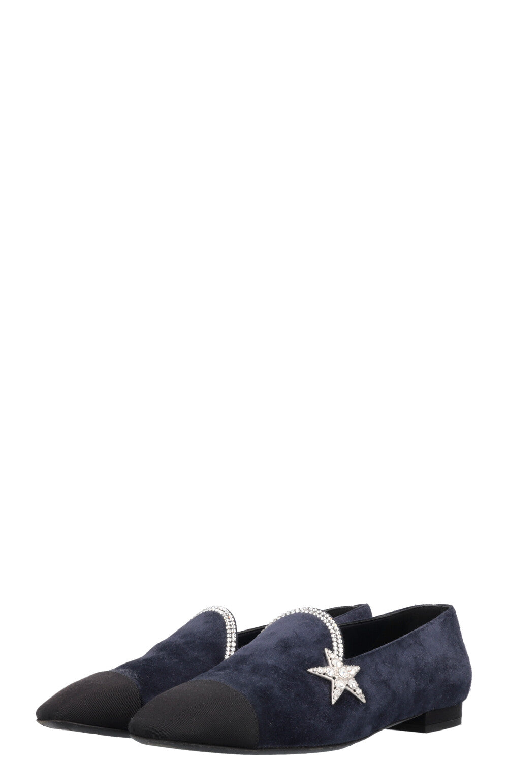 CHANEL Star Crystal Flats Suede Navy
