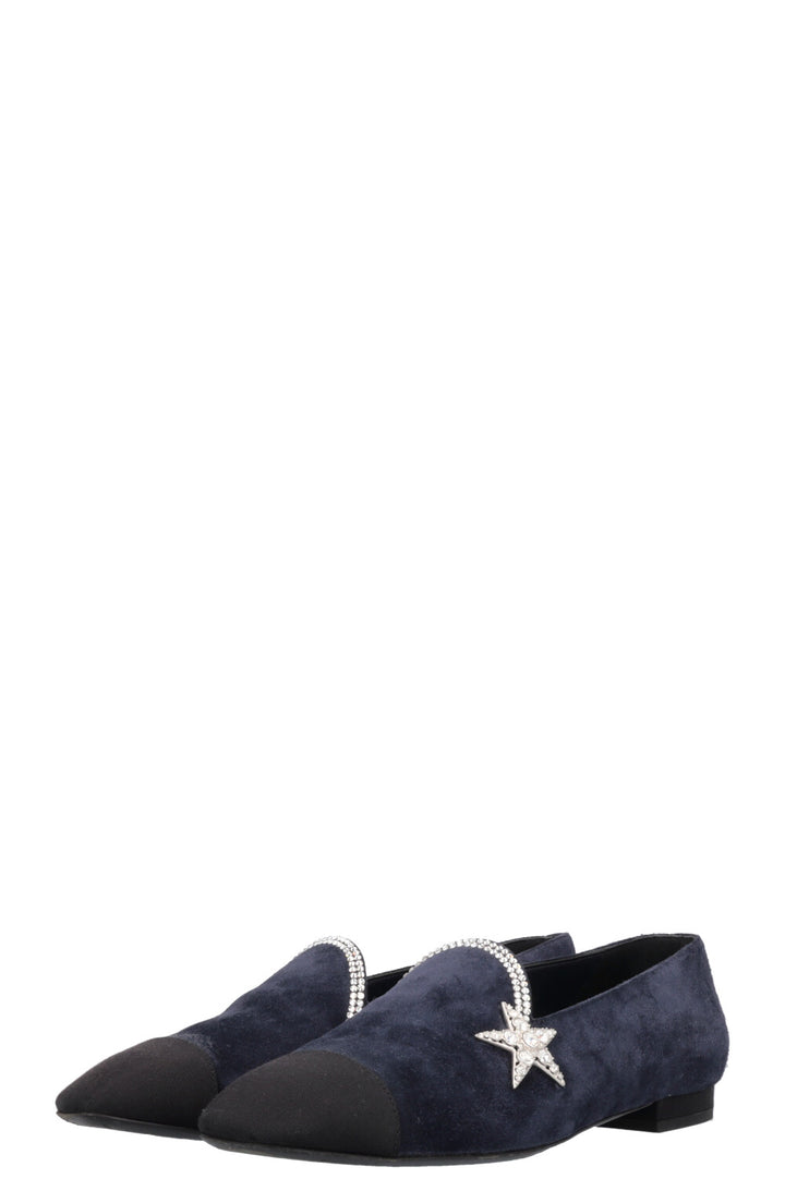 CHANEL Star Crystal Flats Suede Navy