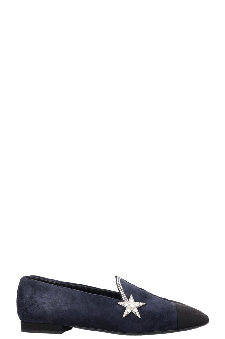 CHANEL Star Crystal Flats Suede Navy