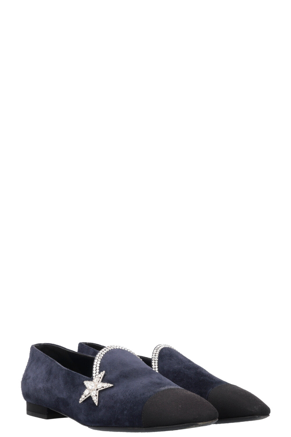 CHANEL Star Crystal Flats Suede Navy