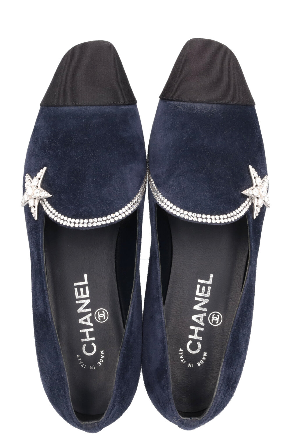 CHANEL Star Crystal Flats Suede Navy