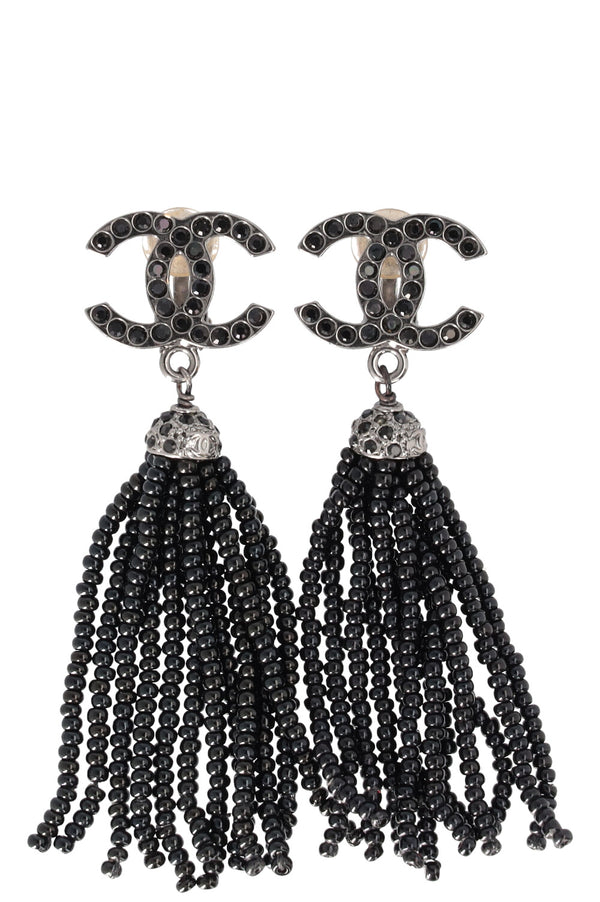 CHANEL 02A Clip Earrings Tassels Black