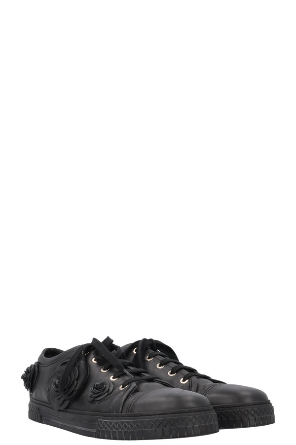 CHANEL Camelia Applique Low Top Sneaker Black
