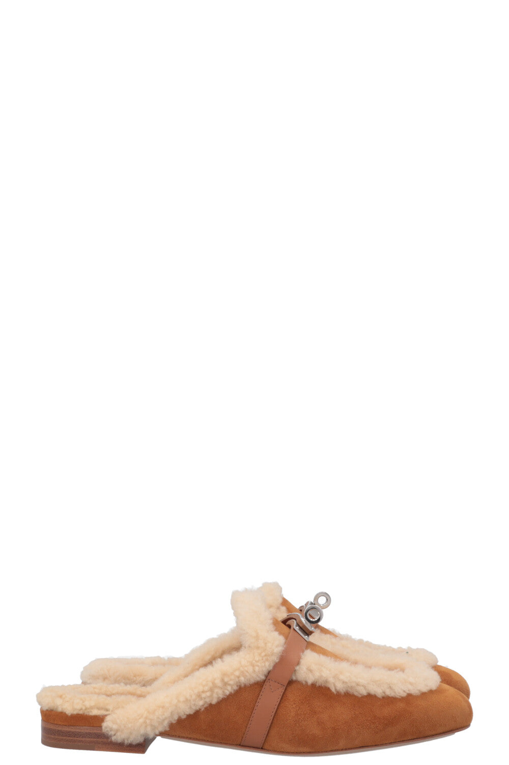 HERMÈS Mules Oz en peau lainée et daim doré