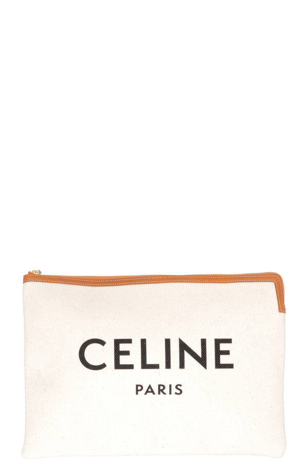 Pochette zippée logo CELINE en toile cognac