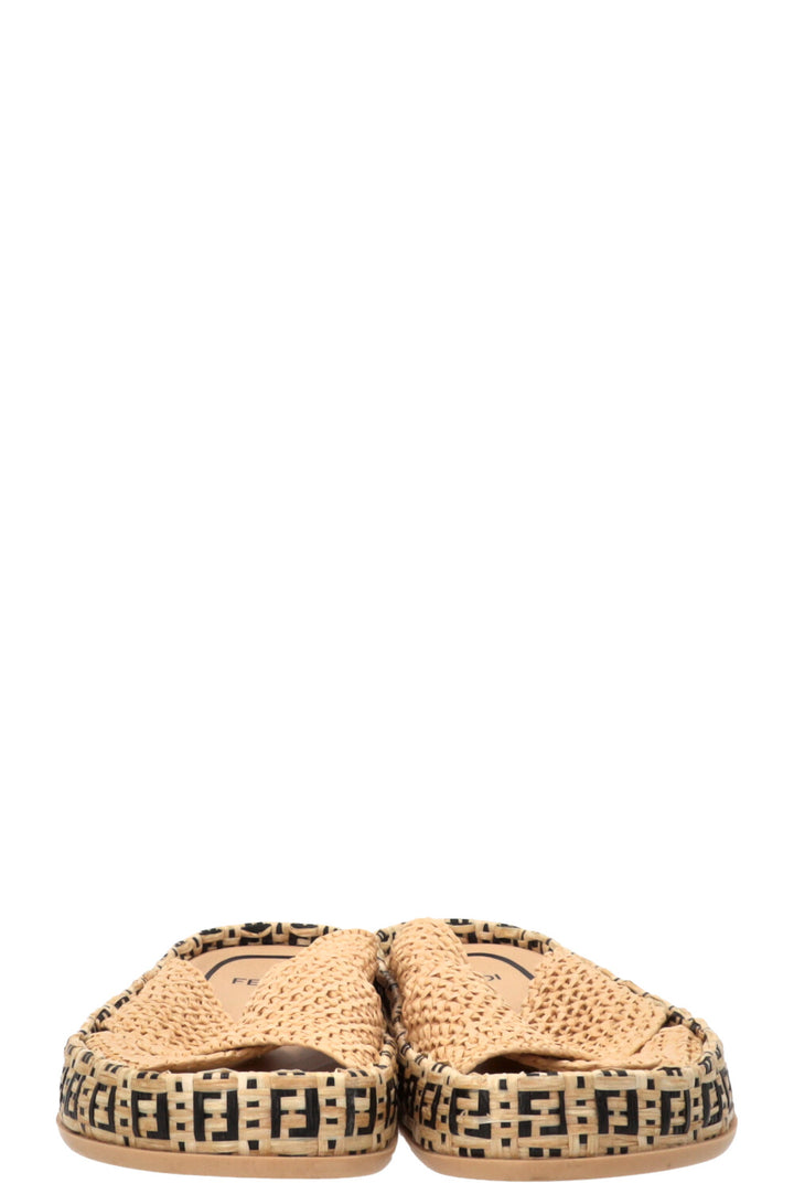 FENDI FF Reflections Raffia Mules Beige