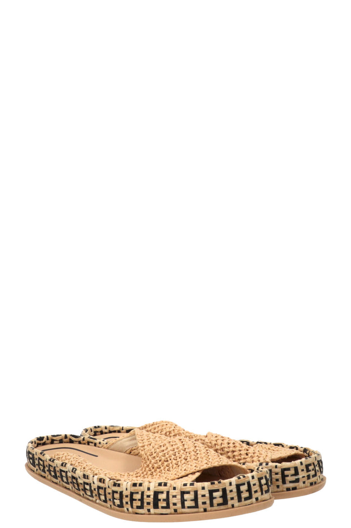 FENDI FF Reflections Raffia Mules Beige