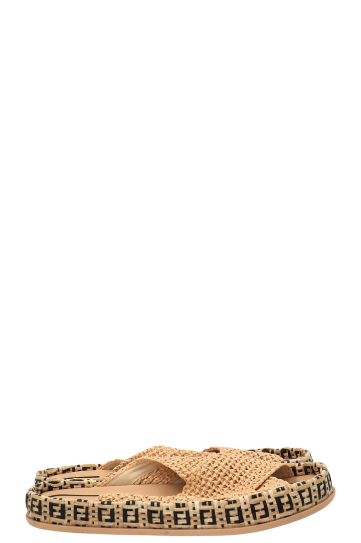 FENDI FF Reflections Raffia Mules Beige