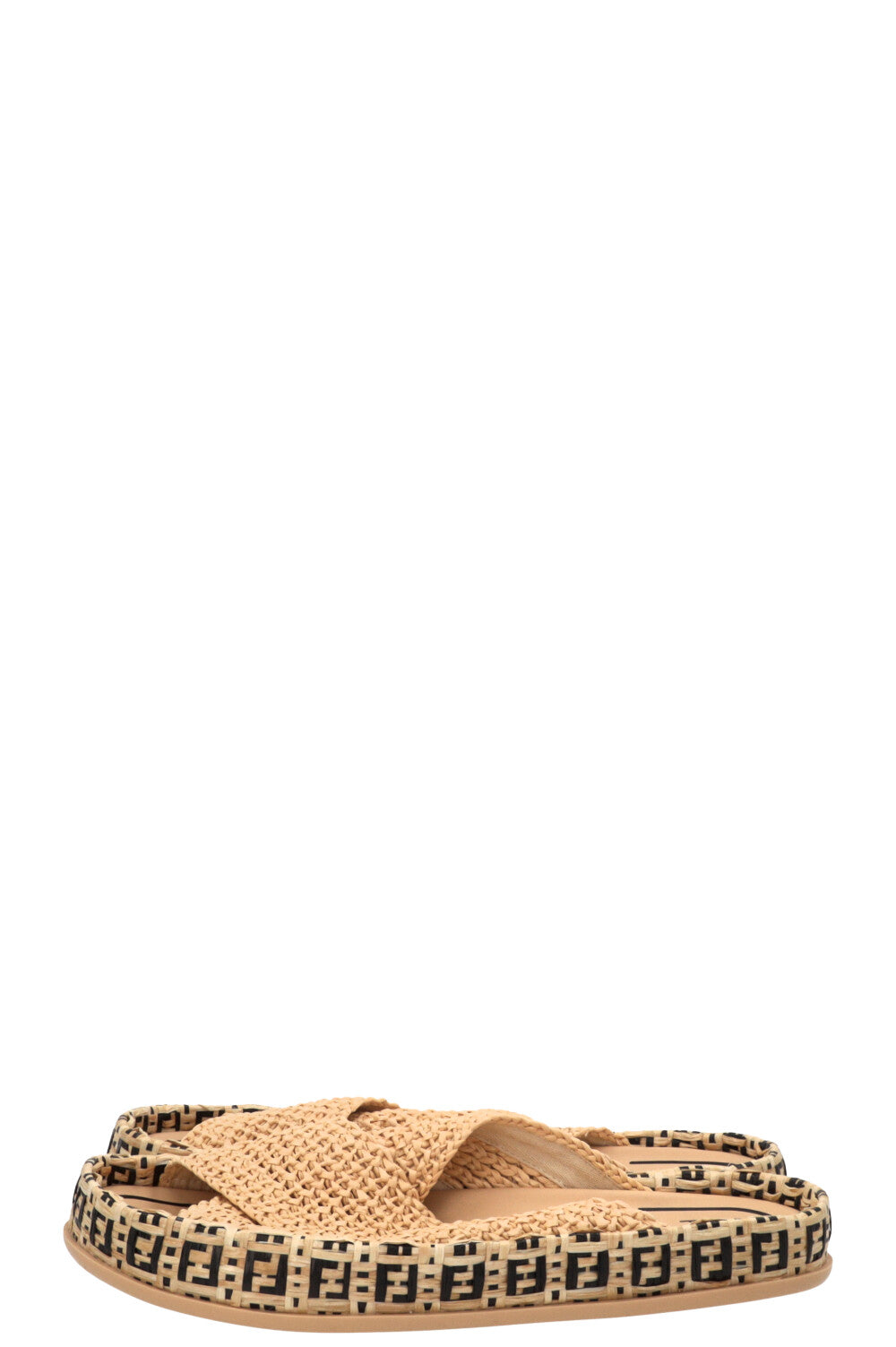 FENDI FF Reflections Raffia Mules Beige