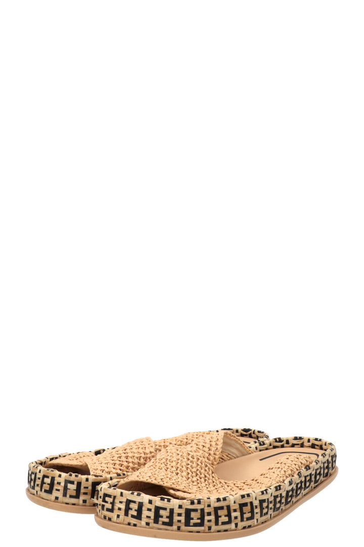 FENDI FF Reflections Raffia Mules Beige