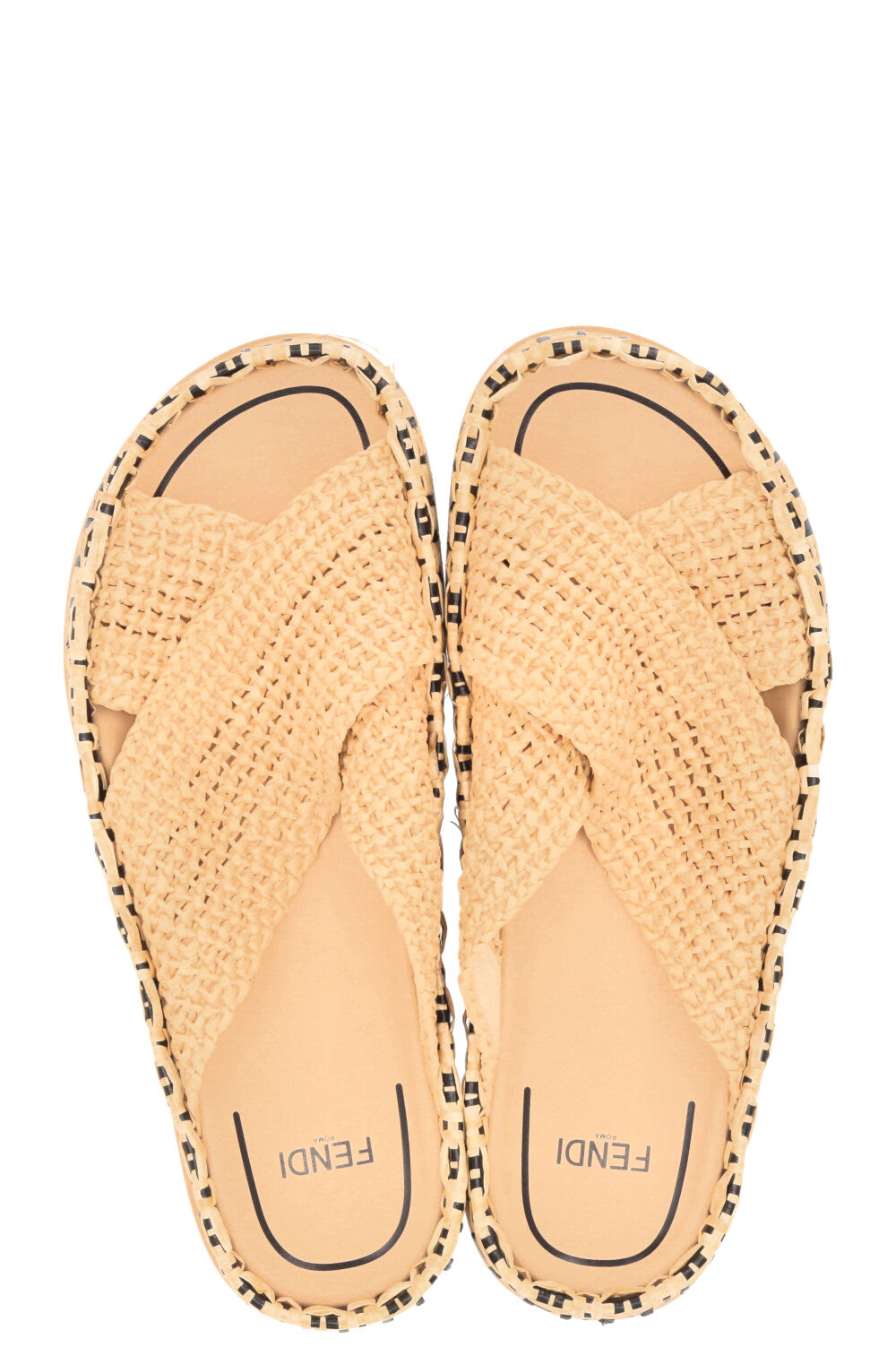 FENDI FF Reflections Raffia Mules Beige