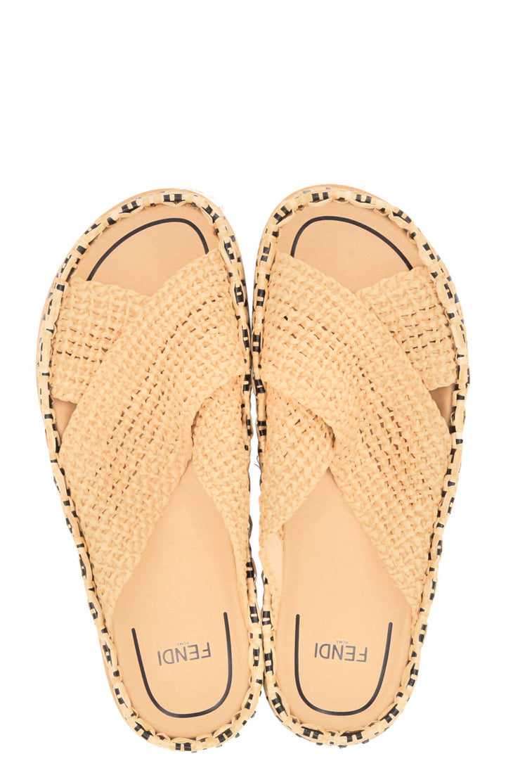 FENDI FF Reflections Raffia Mules Beige