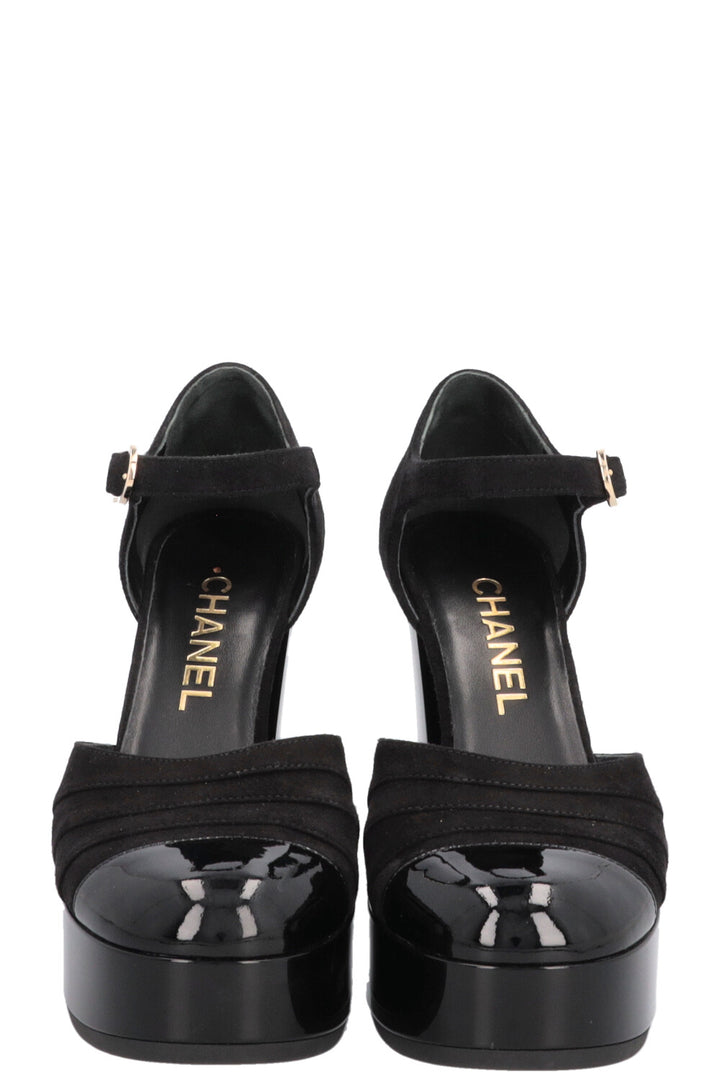 CHANEL Platform Heels Suede Patent Black
