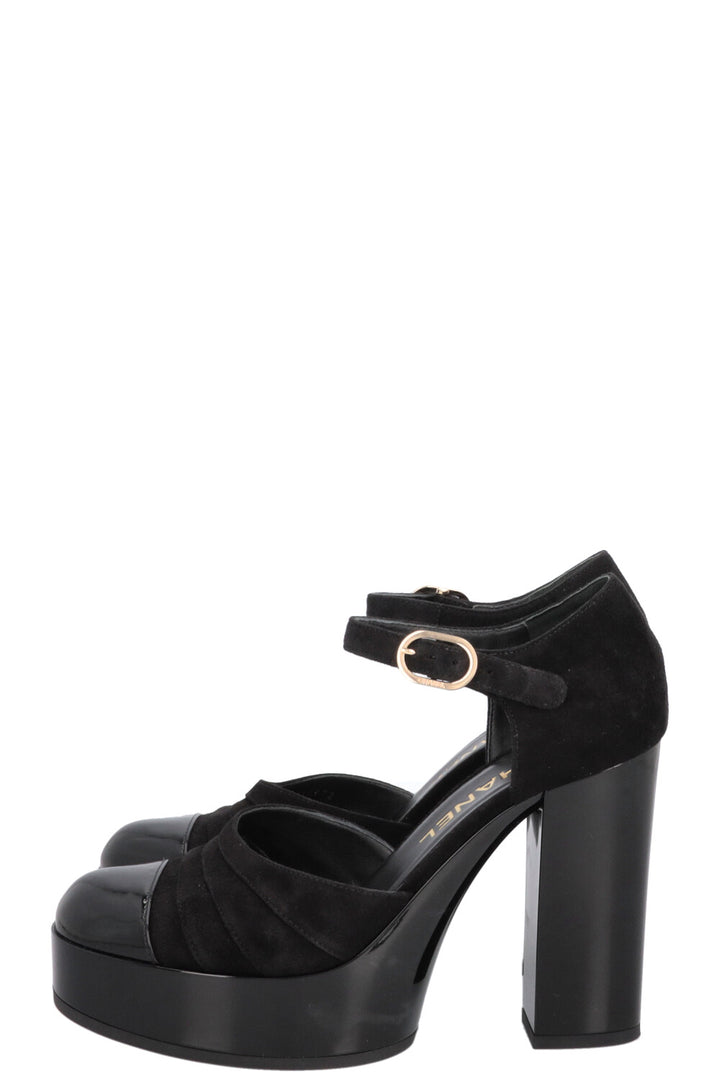 CHANEL Platform Heels Suede Patent Black