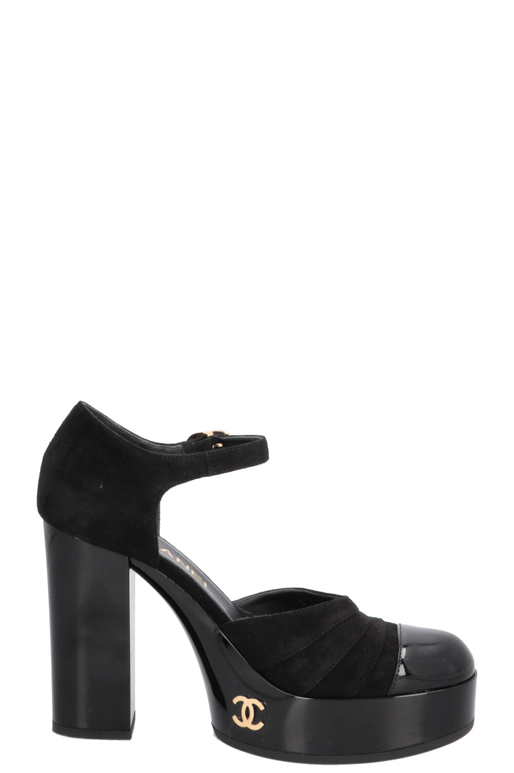 CHANEL Platform Heels Suede Patent Black