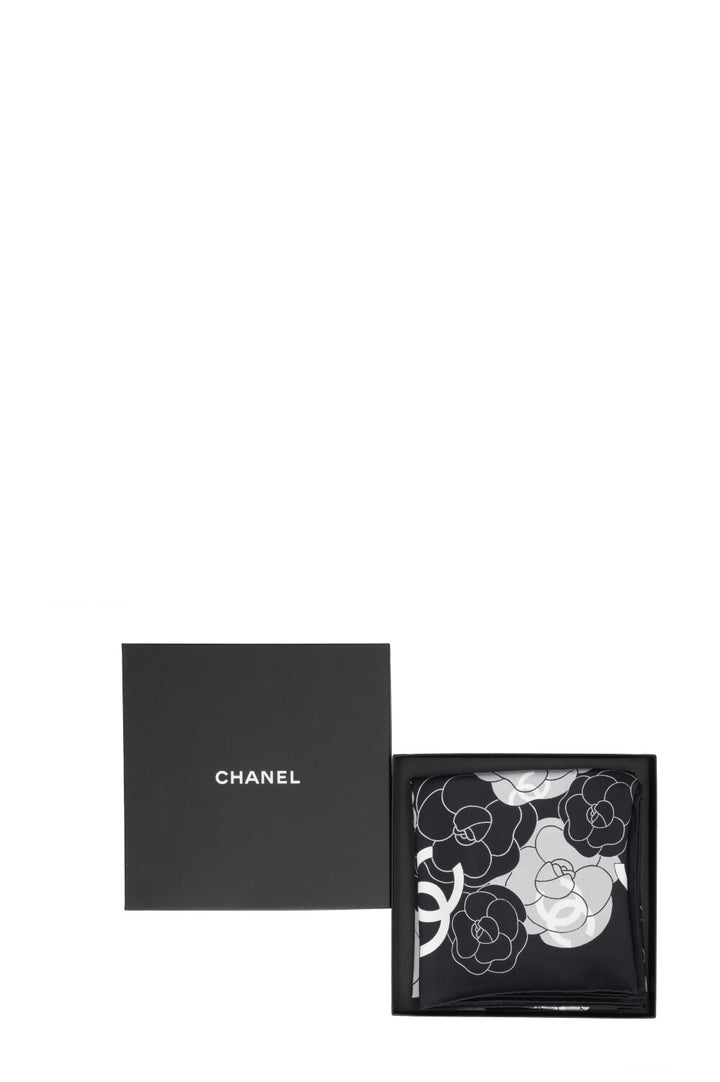 CHANEL CC Camellia Scarf Silk Black White