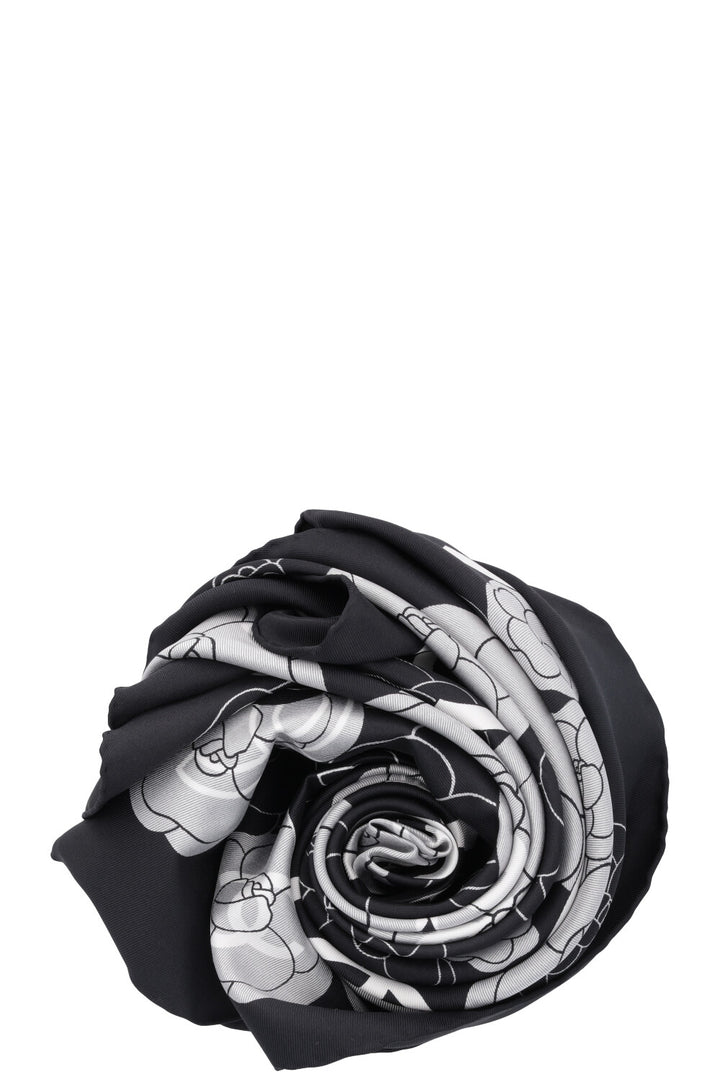 CHANEL CC Camellia Scarf Silk Black White
